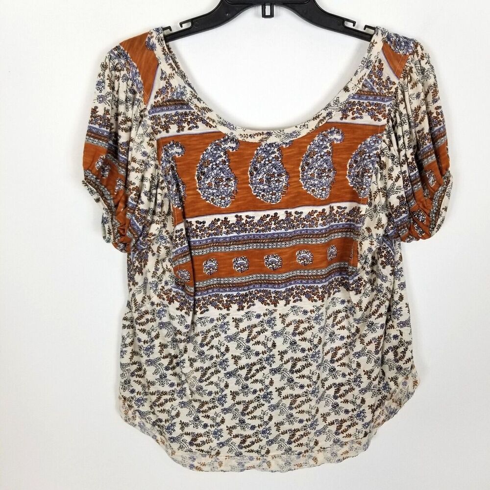 Free People Women Paisley Puff Sleeve Top Sz XS Boho Blouse Cottagecore